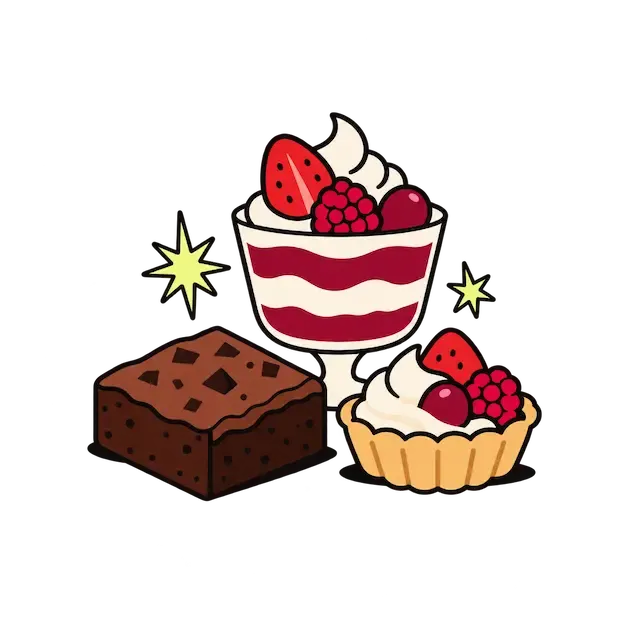 Ilustração: Taça de sobremesa com frutas, fatia de brownie e tartelete